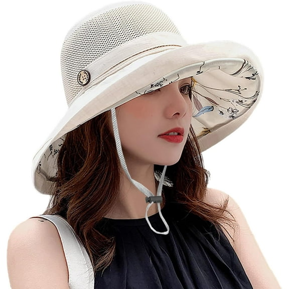 Women Wide Brim Sun Hats Metal Wired Edge Summer UV Protection Beach Fishing Hat for Hiking Garden Travel Chin Strap