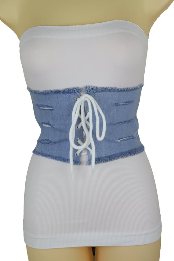 Women Wide Corset Light Blue Denim Fabric Fashion Belt Size S