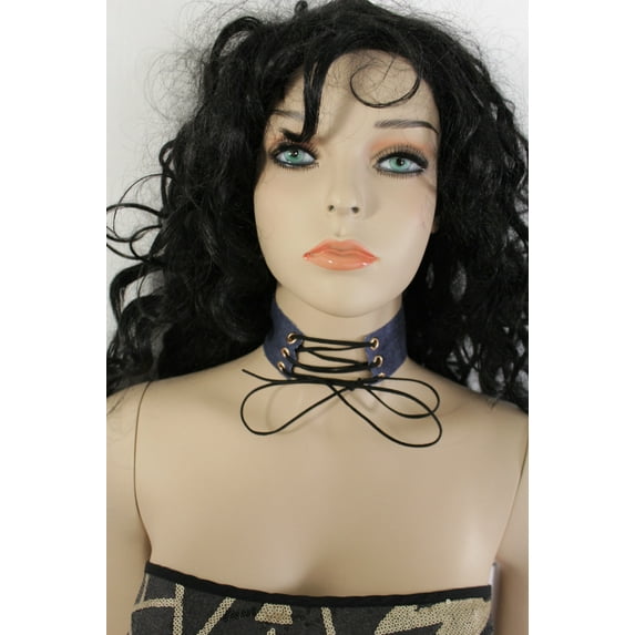 Women Wide Denim Blue Color Fabric Fashion Corset Style Choker Necklace Long Tie