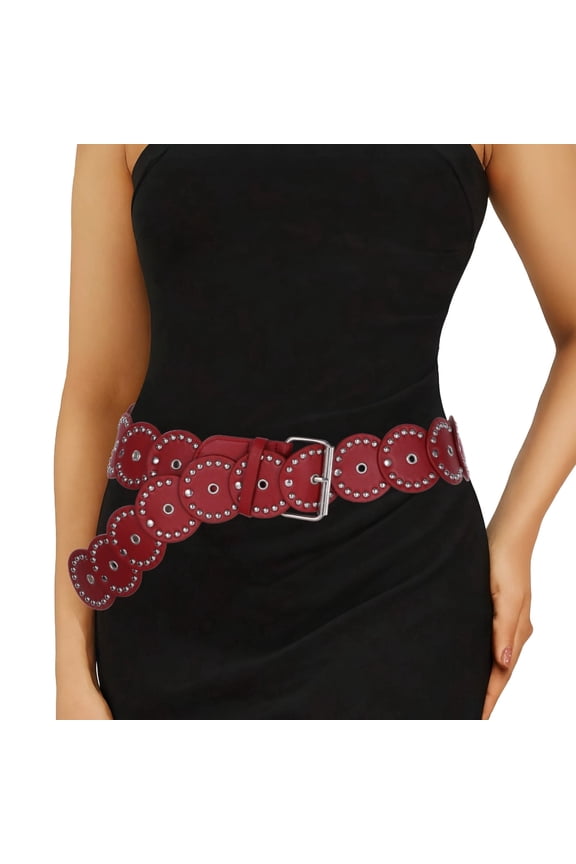 Women Wide Disc Belt, Faux Leather Red Western Studded Waist Chunky Disk Belt, 43.3 in for Dresses, Blouses & Jeans