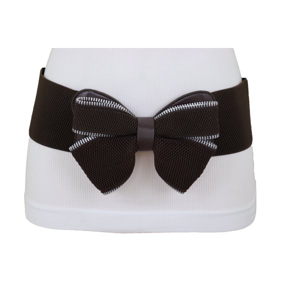 Women Wide Elastic Brown Bow Tie Fashion Belt Hip High Waist Zipper S M