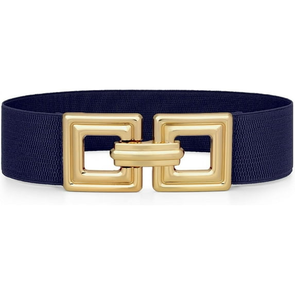 Women Wide Elastic Waist Belt Fashion Hollow Out Square Gold Buckle Stretchy Belt Waistband for Ladies