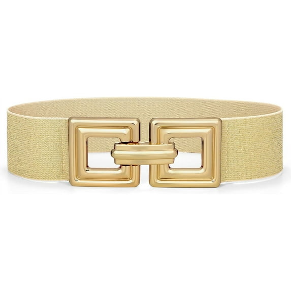 Women Wide Elastic Waist Belt Fashion Hollow Out Square Gold Buckle Stretchy Belt Waistband for Ladies