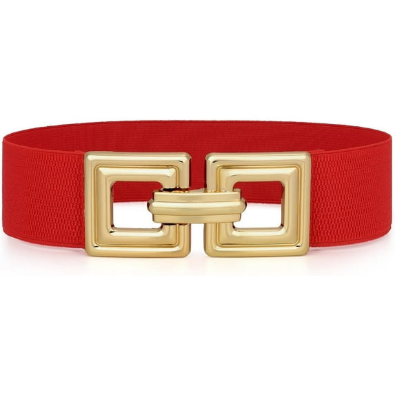 Women Wide Elastic Waist Belt Fashion Hollow Out Square Gold Buckle Stretchy Belt Waistband for Ladies