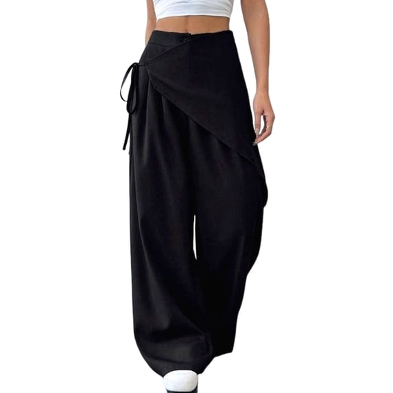 Women Wide Leg Baggy Flowy High Waisted Pants Loose Fit Casual Cozy Cute Y2k Trousers Black M