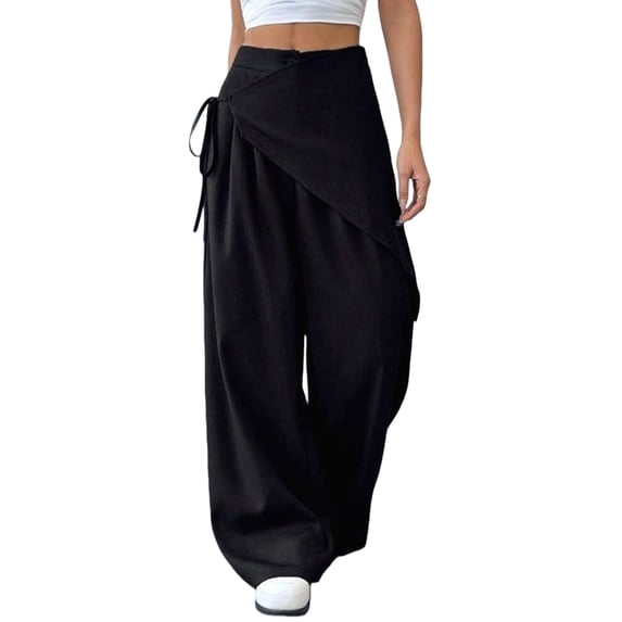 Women Wide Leg Baggy Flowy High Waisted Pants Loose Fit Casual Cozy Cute Y2k Trousers Black S