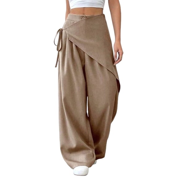 Women Wide Leg Baggy Flowy High Waisted Pants Loose Fit Casual Cozy Cute Y2k Trousers Khaki M