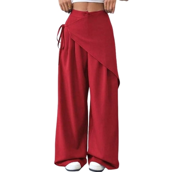 Women Wide Leg Baggy Flowy High Waisted Pants Loose Fit Casual Cozy Cute Y2k Trousers Red M