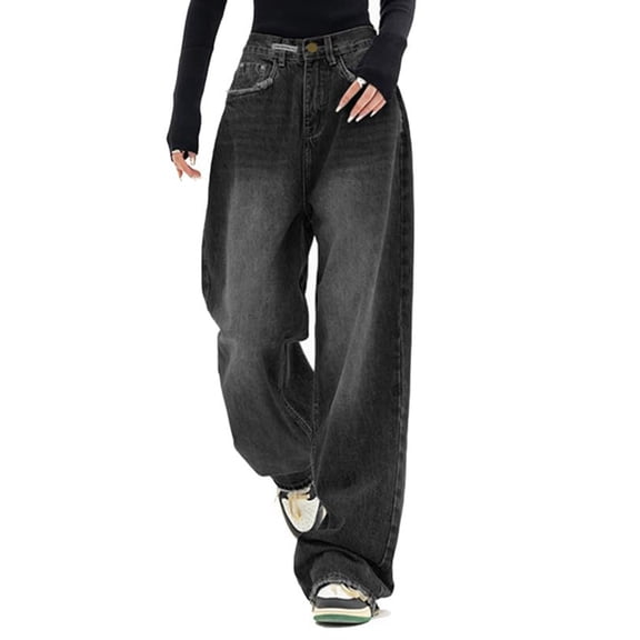 Women Wide Leg Baggy Jeans High Waist Y2K Cargo Pants Casual Loose Boyfriends Trousers Vintage Streetwear Black XXL