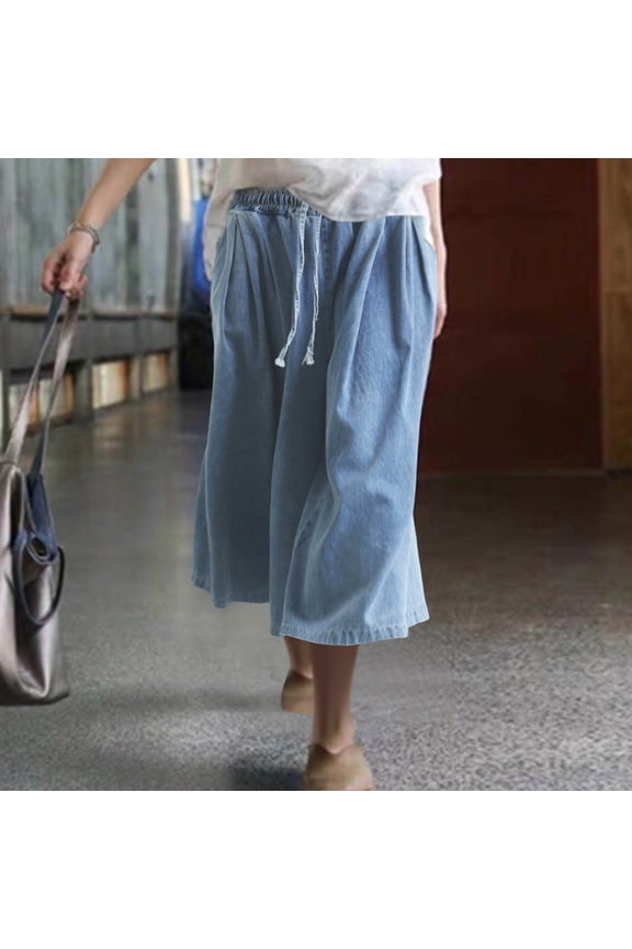 Women Wide Leg Baggy Jeans Plus Size Loose Elastic Waist Denim Pants With Deep Pockets Light Blue Short Cut Version Mod Mom Denim Knit Pants Women plus Size Clothes Woman Jean Pants Jean Pants Women