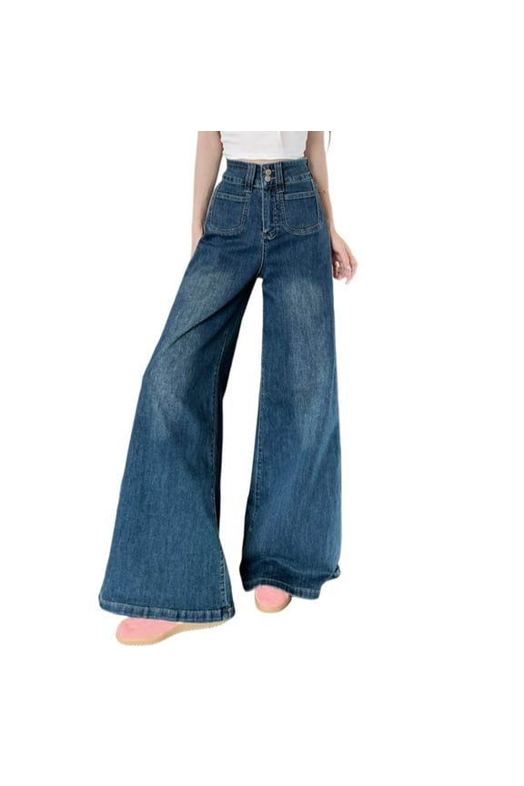 Women Wide Leg Boyfriend Jeans High Waisted Stretchy Denim with Pocket Casual Streetwear Flare Trousers