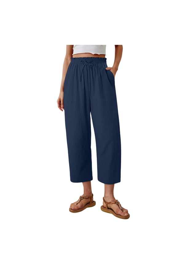 Women Wide Leg Capri Pants Smoked High Waisted Trendy Flowy Summer Loose Capris Lightweight Casual Trousers with Pockets