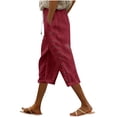 thumbnail image 1 of Women Wide Leg Capris New Women Summer Pants Casual Solid Color Drawstring Side Button Elastic Waist Linen Pockets Pants Wine S, 1 of 5