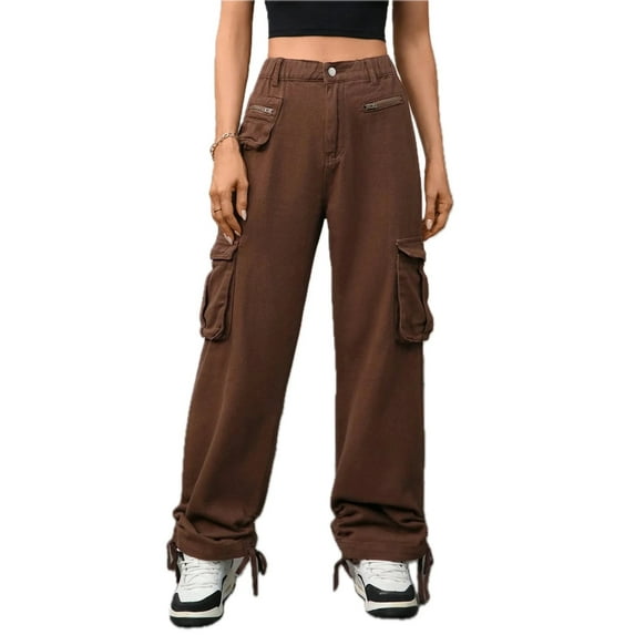 Women Wide Leg Cargo Jeans with Drawstring Waist and Pocketed Design Loose Fit High Waist Casual Everyday Durable Pants