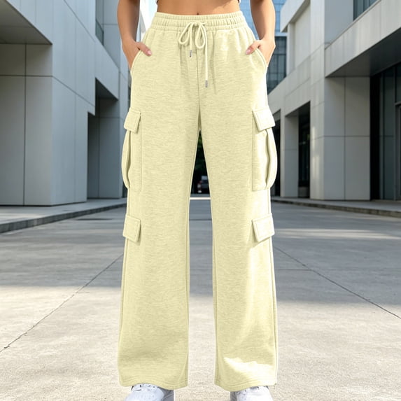 Women Wide Leg Cargo Sweatpants Outdoor Elastic Drawstring High Waist Loose Oversized Soft Fleece Casual Sports Pants Beige S