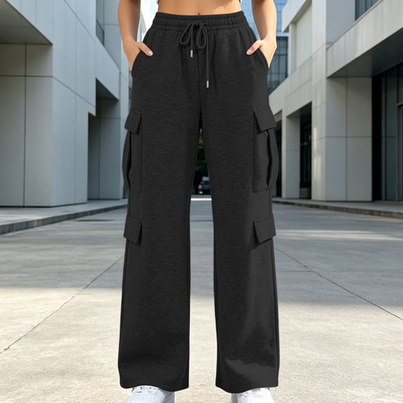 Women Wide Leg Cargo Sweatpants Outdoor Elastic Drawstring High Waist Loose Oversized Soft Fleece Casual Sports Pants Black XXL