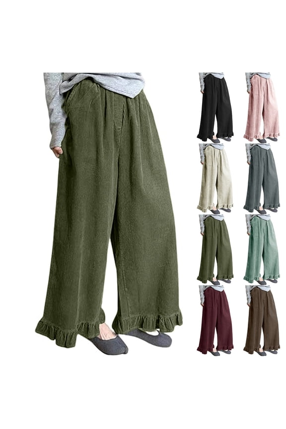 Women Wide Leg Corduroy Pants, Trousers & Slacks, High Waisted Flowy Ruffle Casual Bottoms, Soft Stretchy Comfy, Fall Winter Daily, Lounge, Streetwear, Commuting Essentials
