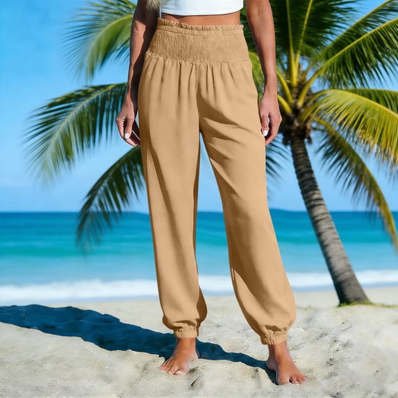 Women Wide Leg Cotton Sweatpants New Women's Summer Linen Solid Color Drawstring Elastic Waist Loose Straight Leg Pants with Side Pockets Style B-23 Khaki L