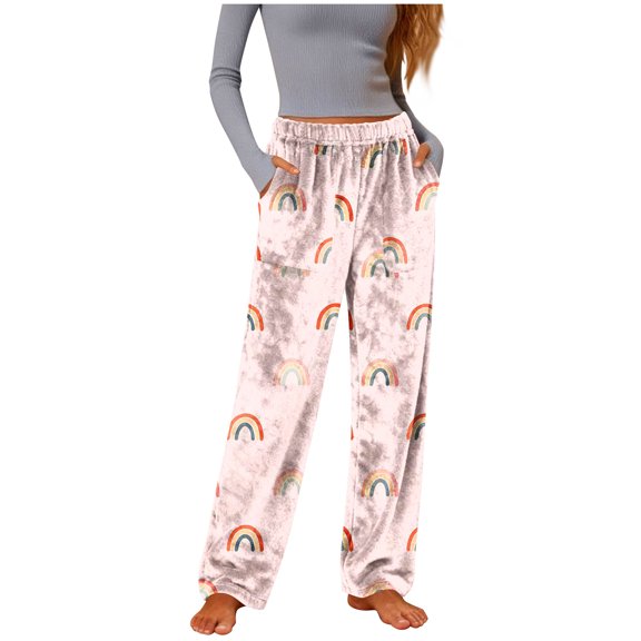 Women Wide-Leg Cute Rainbow Pajama Pants With Pockets Flannel Fleece 2025 Warm Cozy Sleepwear Soft Home Loungewear Relaxed Fit Fall Winter Casual Fuzzy Bottoms
