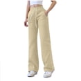 thumbnail image 1 of Women Wide Leg Drawstring Pants Solid Color Elastic Waist Casual Sweat Pants With Side Pockets Womens Cotton Linen Pants, 1 of 6