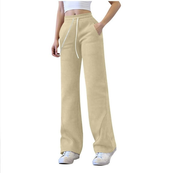 Women Wide Leg Drawstring Pants Solid Color Elastic Waist Casual Sweat Pants With Side Pockets Womens Cotton Linen Pants