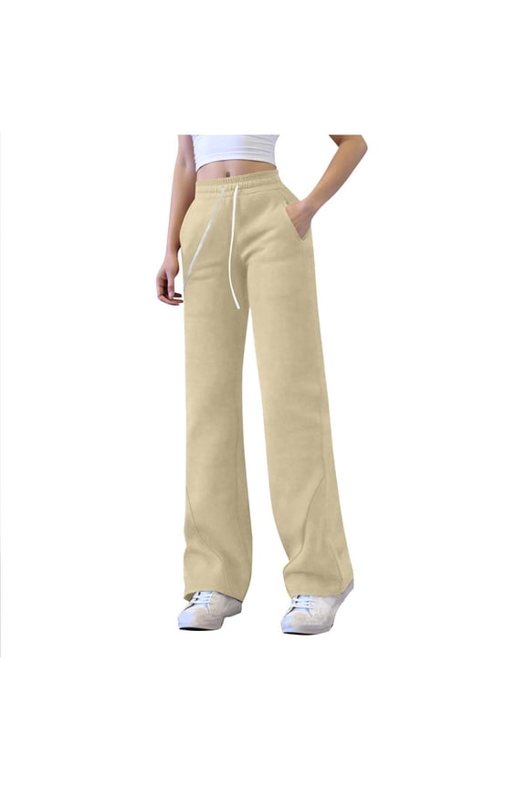 Women Wide Leg Drawstring Pants Solid Color Elastic Waist Casual Sweat Pants With Side Pockets Womens Cotton Linen Pants