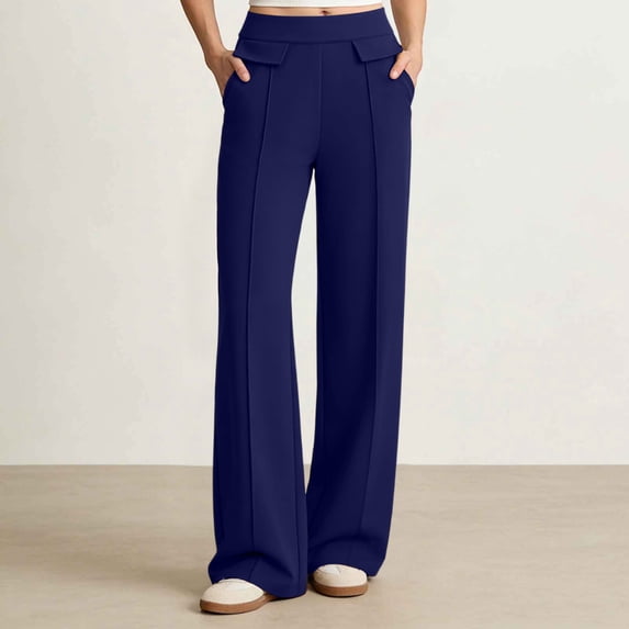 Women Wide Leg Dress Pants High Waist Solid Color Formal Business Work Trousers Navy XXL