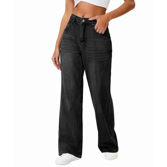 Women Wide Leg Jeans High Waist Baggy Jean Loose Boyfriend Jeans Denim Pants Y2K Black L