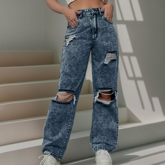 Women Wide Leg Jeans High Waist Baggy Jeans for Women Plus Size Ndbuld Women's Pocket Low Rise Skinny Denim Pants Blue 2XL