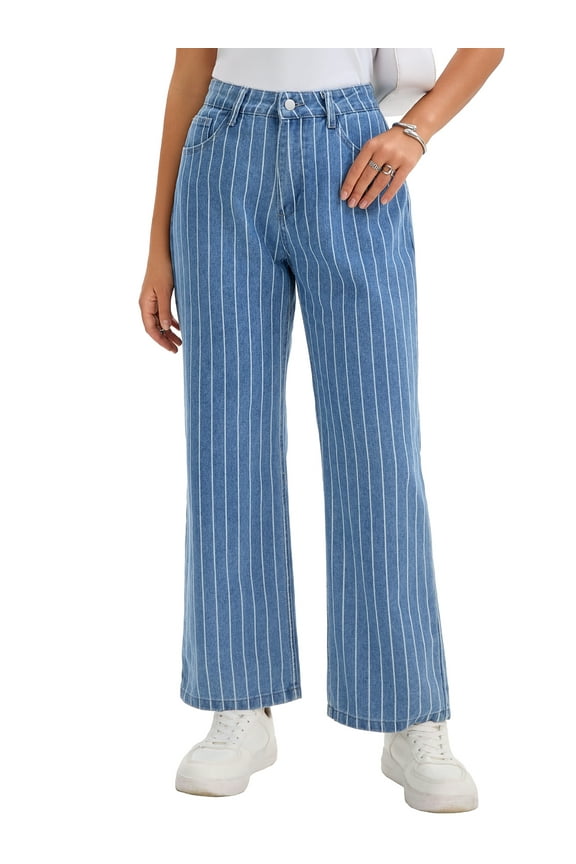Women Wide Leg Jeans High Waisted Casual Y2K Straight Leg Jeans Striped Denim Pants L Blue