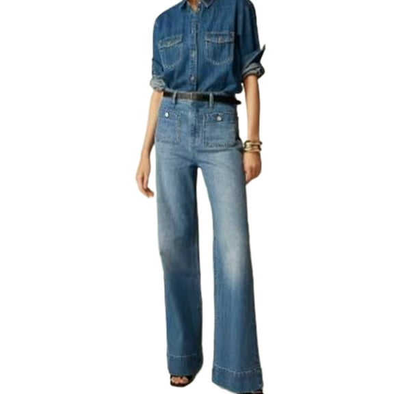 Women Wide Leg Jeans High Waisted Stretchy Straight Leg Jeans Loose Trendy Denim Pants with Pocket Dark Blue Cropped S