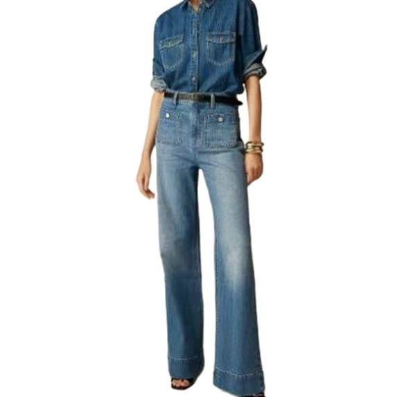 Women Wide Leg Jeans High Waisted Stretchy Straight Leg Jeans Loose Trendy Denim Pants with Pocket Dark Blue Regular L