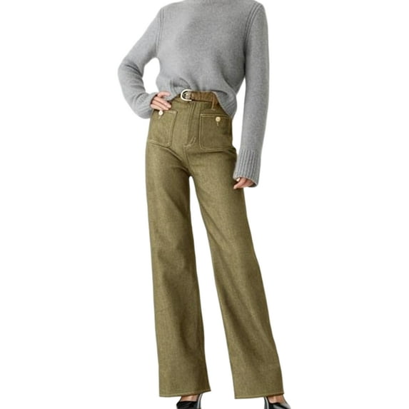 Women Wide Leg Jeans High Waisted Stretchy Straight Leg Jeans Loose Trendy Denim Pants with Pocket Olive Extend L