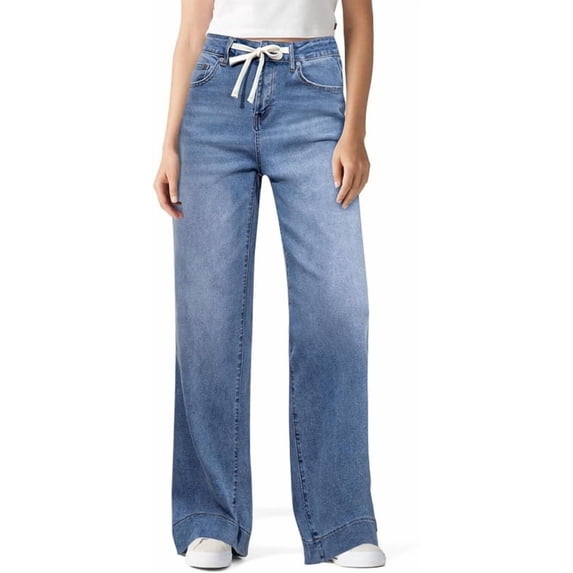 Women Wide Leg Jeans High Waisted Trendy Elastic Waist Drawstring Y2k Baggy Jeans Woman Casual Loose Denim Trousers Pants with Pockets