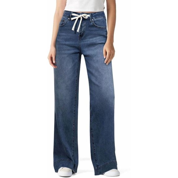 Women Wide Leg Jeans High Waisted Trendy Elastic Waist Drawstring Y2k Baggy Jeans Woman Casual Loose Denim Trousers Pants with Pockets