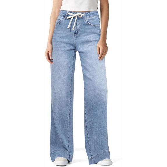 Women Wide Leg Jeans High Waisted Trendy Elastic Waist Drawstring Y2k Baggy Jeans Woman Casual Loose Denim Trousers Pants with Pockets