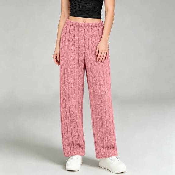 Women Wide Leg Knit Pants Cable Textured Fleece Elastic Waist Casual Trousers for Fall Winter Daily Wear Loungewear
