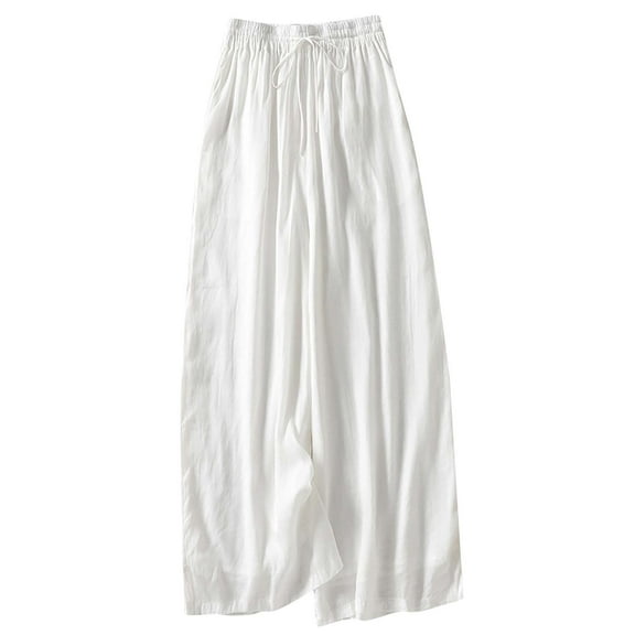 Women Wide Leg Linen Pants High Waisted Summer Casual Cotton Linen Flowy Palazzo Trousers Vacation Outfits with Pocket