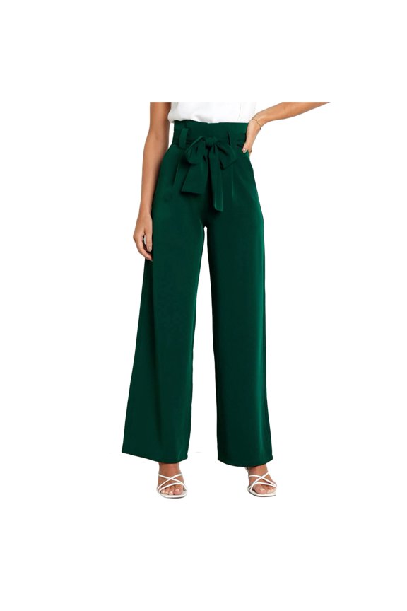 Women Wide Leg Long Pants High Waist Strap Pure Color Breathable Pants for Lady Girls Blackish Green XL