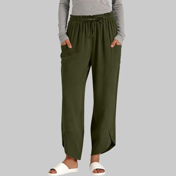 Women Wide Leg Palazzo Pants with Pockets Summer Casual Loose High Waisted Flowy Cropped Beach Trousers Army Green XL