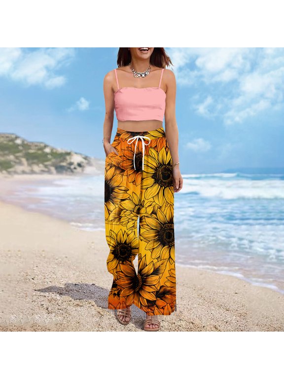 Women Wide Leg Pants Casual High Waist Floral Palazzo Pants for Women Flowy Trendy Lounge Boho Beach Trousers Pockets Orange XL
