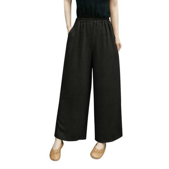 Women Wide Leg Pants Casual Solid color ElasticWaist Pants With Pockets Loose Pants Trousers