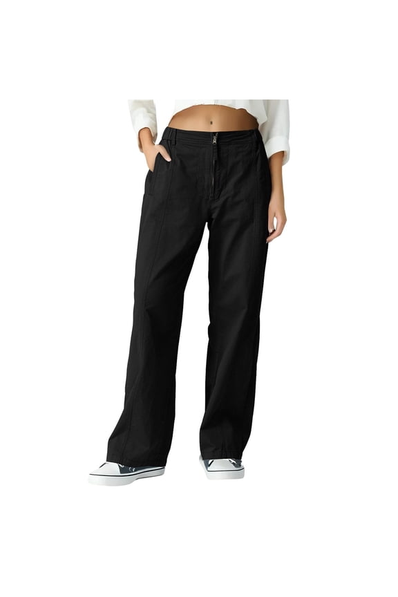 Women Wide Leg Pants Elastic Waist in The Back Pull on Baggy Cargo Pant with Zipper Low Rise Stretchy Trousers