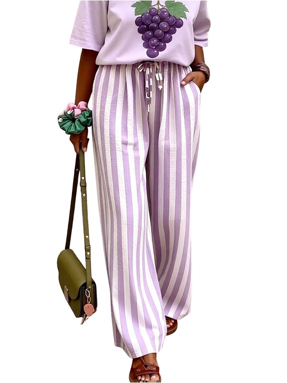 Women Wide Leg Pants Flowy Palazzo Drawstring Elastic Waist Trousers Summer Beach Vacation Clothes Light L