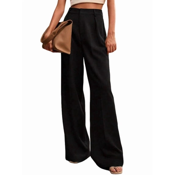 Women Wide Leg Pants High Waisted Business Casual Work Trousers Dressy Pants with Pockets Black L