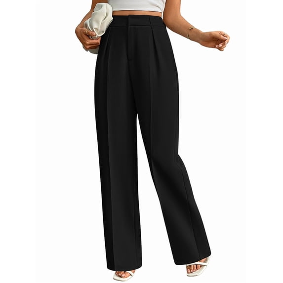 Women Wide Leg Pants High Waisted Business Casual Work Trousers Dressy Pants with Pockets Black L