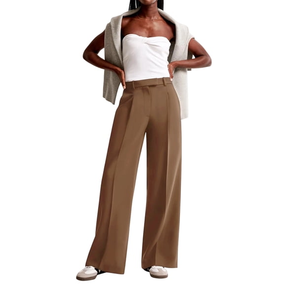 Women Wide Leg Pants High Waisted Business Casual Work Trousers Dressy Pants with Pockets Brown XXL
