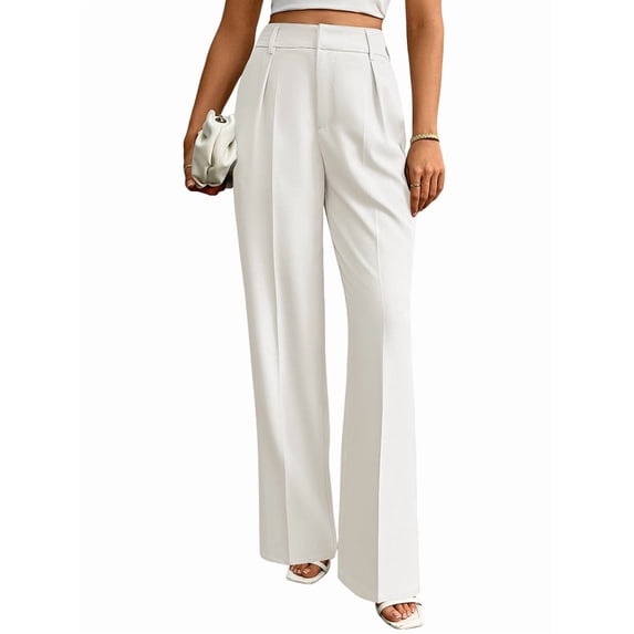 Women Wide Leg Pants High Waisted Business Casual Work Trousers Dressy Pants with Pockets White XL