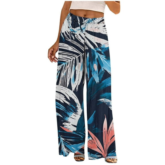 Women Wide Leg Pants High Waisted Palazzo Pants Fashion Print Lounge Beach Work Casual Flowy Tie Knot Trousers with Pockets
