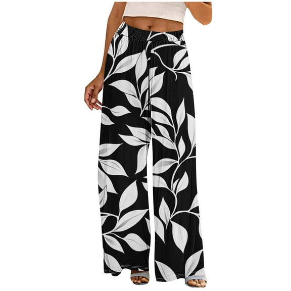 Women Wide Leg Pants High Waisted Palazzo Pants Fashion Print Lounge Beach Work Casual Flowy Tie Knot Trousers with Pockets